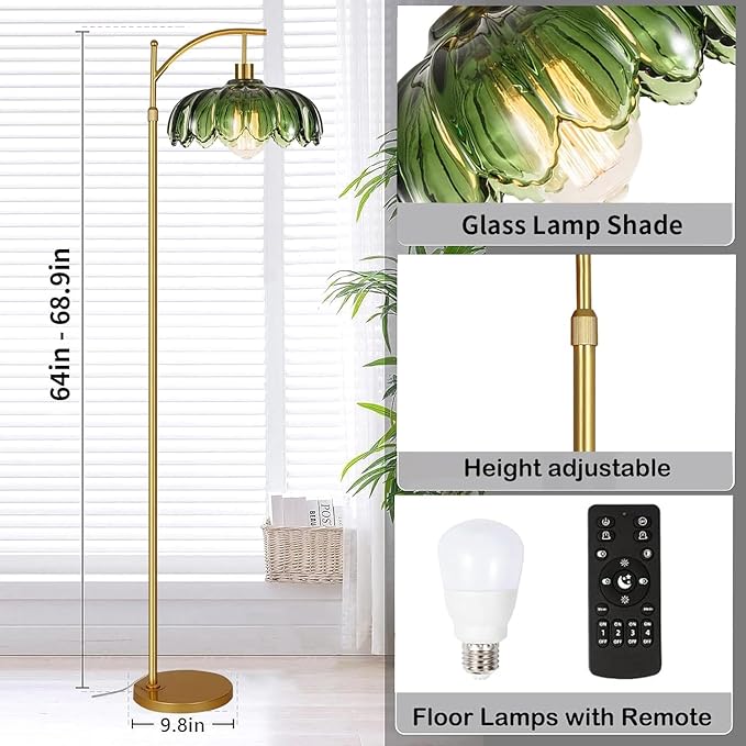 Glass Floor Lamp for Living Room,Bedroom,Mid Century Modern Standing Lamp with Remote,Dimmable Gold Tall Lamp Green Vintage Retro Arc Flower Floor Light Boho Bohemian