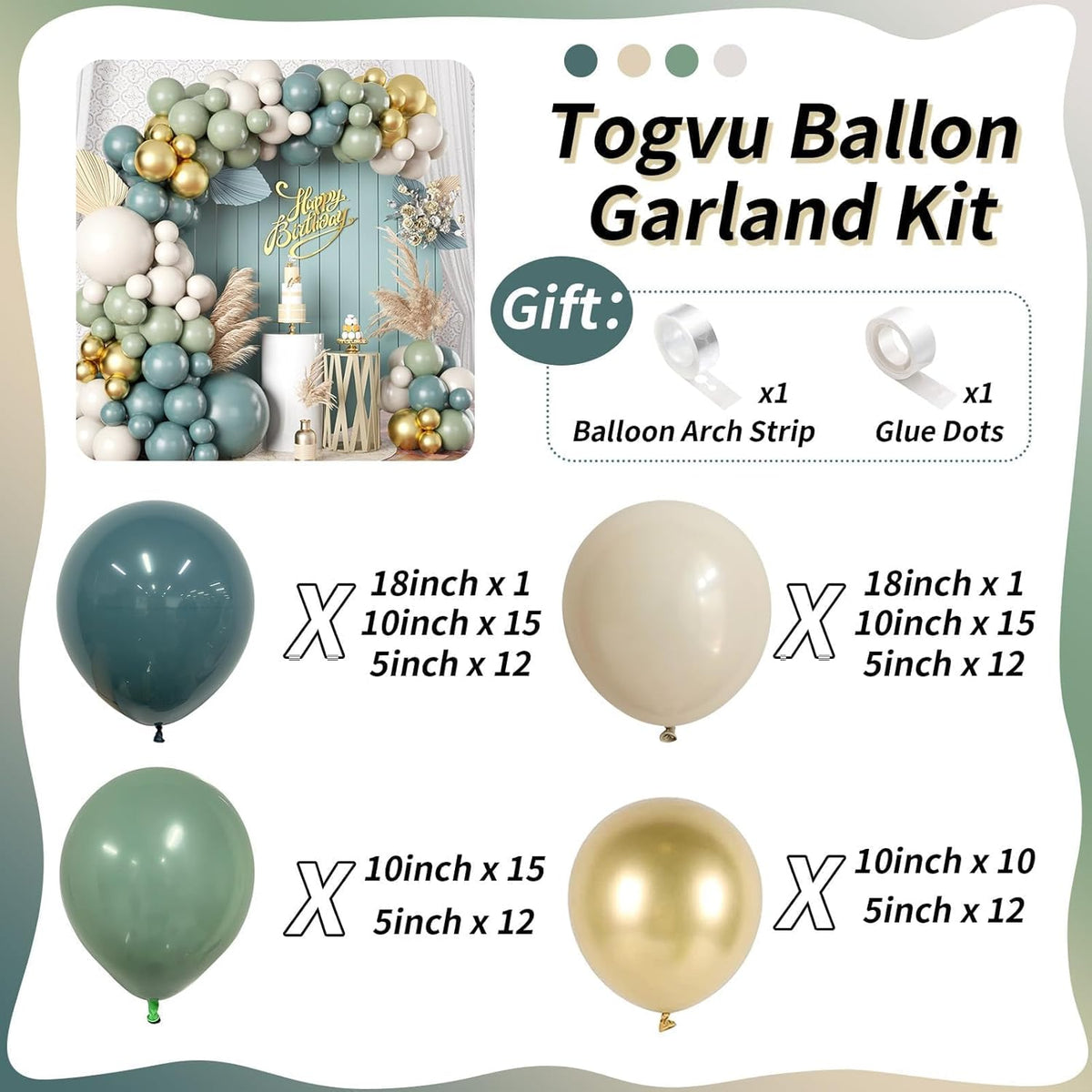 Skiennix Balloon Garland Kit - 107 PCS Dusty Sage Green & Gold Pastel Arch for Boho Parties