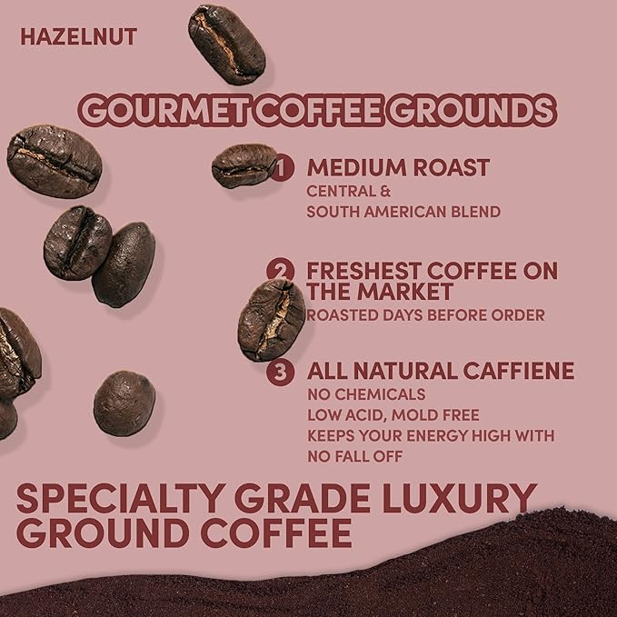 Hazelnut Ground Coffee | Hazelnut Flavored Coffee Medium Roast | Smooth Nutty Gourmet Flavored | Specialty Grade | 12 oz