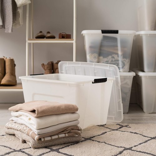 IRIS USA 54 Quart Stackable Storage Bins - Durable Plastic Containers with Lids & Latching Buckles, 6 Pack | Pearl Color
