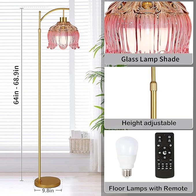 Pink Floor Lamp for Living Room,Bedroom,Glass Gold Dimmable Standing Lamp with Remote,Mid Century Modern Brass Tall Lamp Boho Floor Lamps Arc Stained Tulip Flower Floor Light Lamp Bohemian