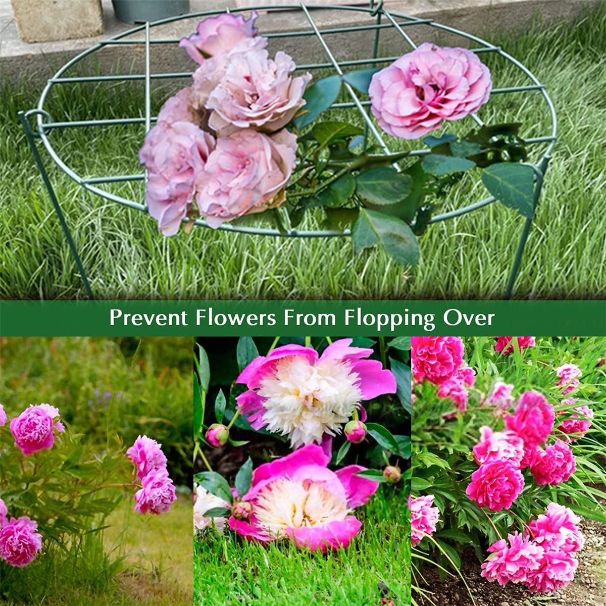 2 Pcs Flower Support Rings, Peony Cage Plant Support Stake,Grow Through Grid Plant Brace, Hoops with 3 Pcs Legs for Heavy Blossoms (2 pcs 24")