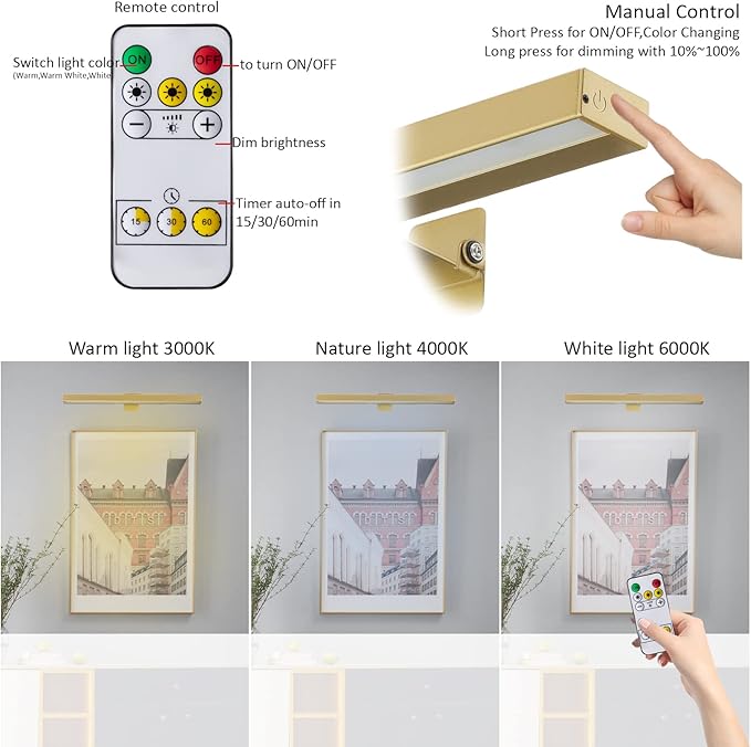 MIOBLUE Rechargeable Picture Lights with Remote, 16" Battery Operated Painting Light Display Lamp with 3 Lighting Modes, Dimmable Dartboard Light with Timer for Frame Portrait Art, Metal Body