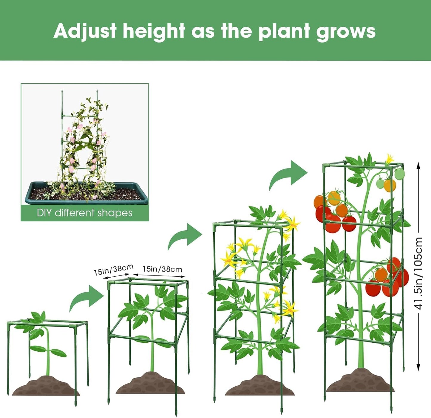 MQUPIN Tomato Cages,4 Packs Square Tomato Cage for Garden Plant Support,41 * 15 * 15in Heavy Duty Steel Plant Tower Stakes Trellis for Climbing Vegetables Flowers Fruits