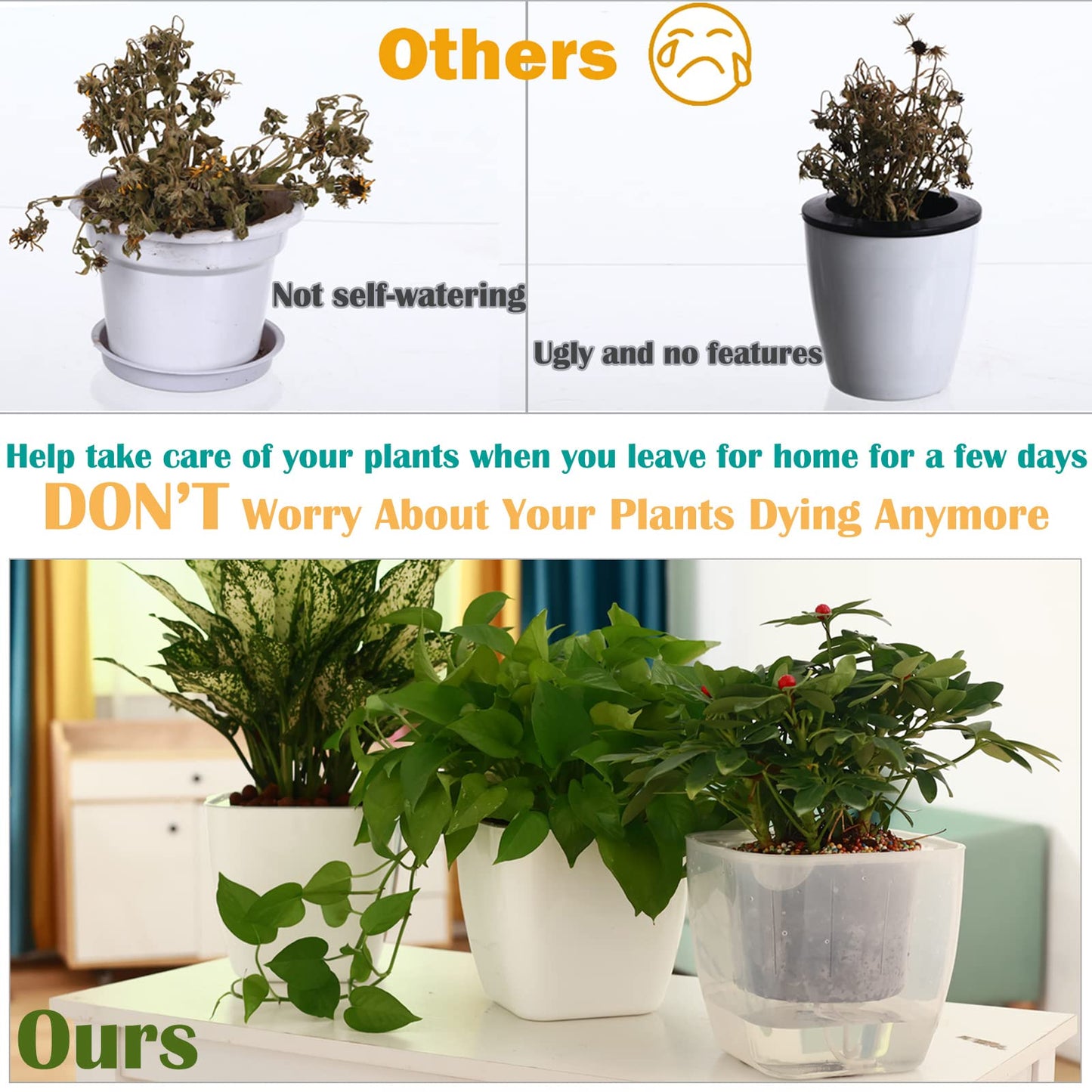 3-Pack Clear Self Watering Planters for Indoor Plants 7" Large African Violet Plant Pots Plastic Wick Flower Pots with Water Injection Hole, Orchid Plant Pot Set, Clear