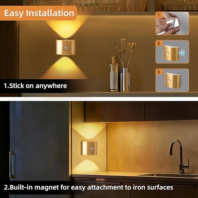 2 Pack Motion Sensor Wall Light, Rechargeable Wall Sconce with 3 Color Temperatures and Brightness Adjustable, Wireless Magnetic Mount for Bedroom, Stair, Hallway, Closet (Gold)