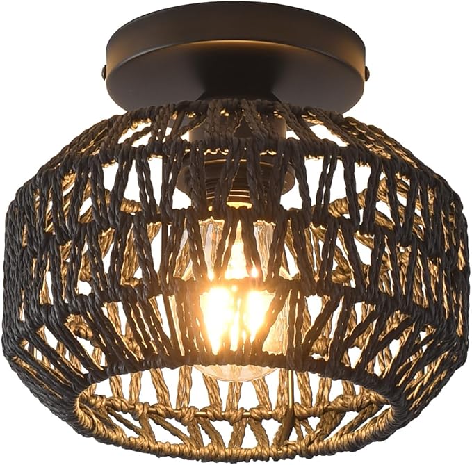 1 Pack Farmhouse Light Fixtures Ceiling Mount,Black Mini Rattan Boho Semi Flush Mount Ceiling Light,Hand Woven Hallway Light Fixtures for Bedroom Entryway