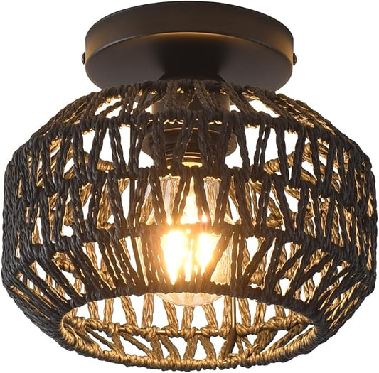 1 Pack Farmhouse Light Fixtures Ceiling Mount,Black Mini Rattan Boho Semi Flush Mount Ceiling Light,Hand Woven Hallway Light Fixtures for Bedroom Entryway