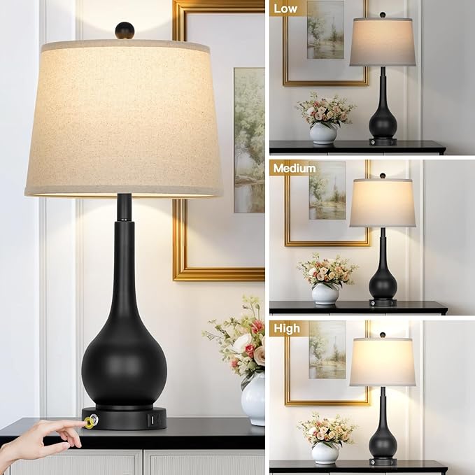 26" Black Table Lamp for Living Room Single, Touch Control Bedside Lamp for Nightstand, 3-Way Dimmable End Table Lamp for Bedroom with USB Charging Port (1 Pack)