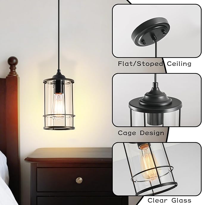 Pendant Lights, Black Hanging Light Fixtures Kitchen Island 2 Pack with Clear Glass, Modern Industrial Cage Pendant Lighting for Kitchen Dining Room Entryway Bathroom