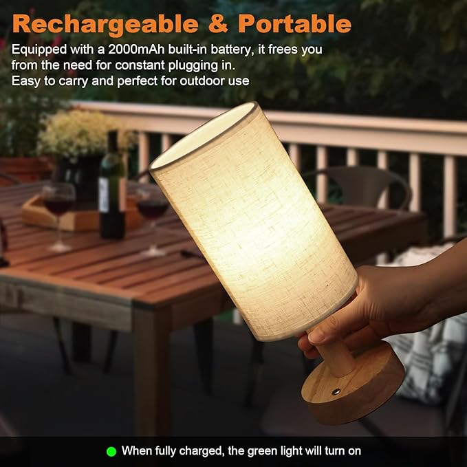 Small Cordless Touch Table Lamps Set of 2 with Stepless Dimming, Natural Wood Base & Linen Fabric Shade,Wireless Battery-Powered Ambient Night Lights for Bedroom, Bedside, Nightstand,Room, Nursery