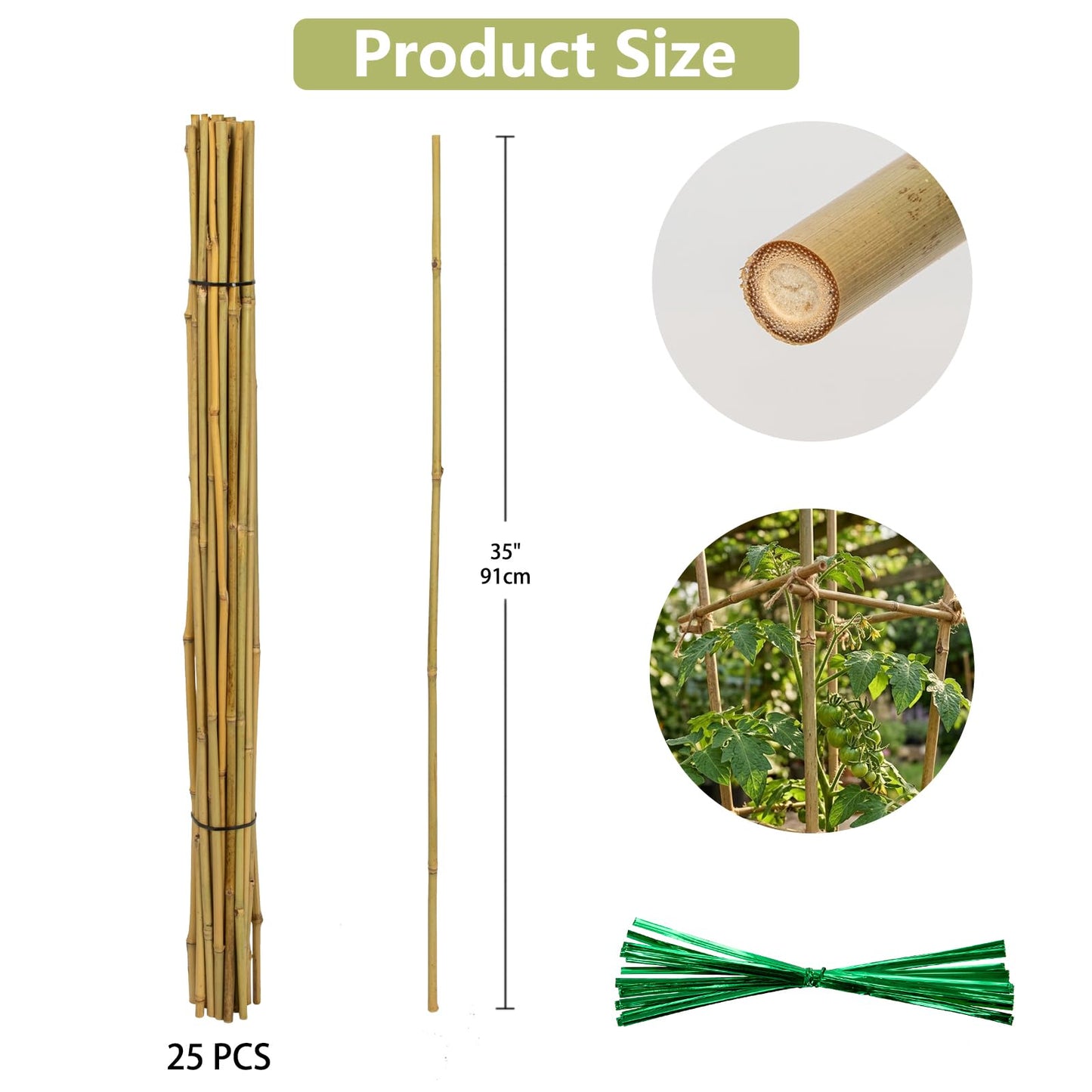 Plant Stakes Natural Bamboo Sticks - 25 Pcs Bamboo Garden Stakes for Plants 3 FT Plant Support Sticks with Twist Ties for Tomatoes Beans Orchid Flowers Indoor Outdoor Potted Climbing Plants