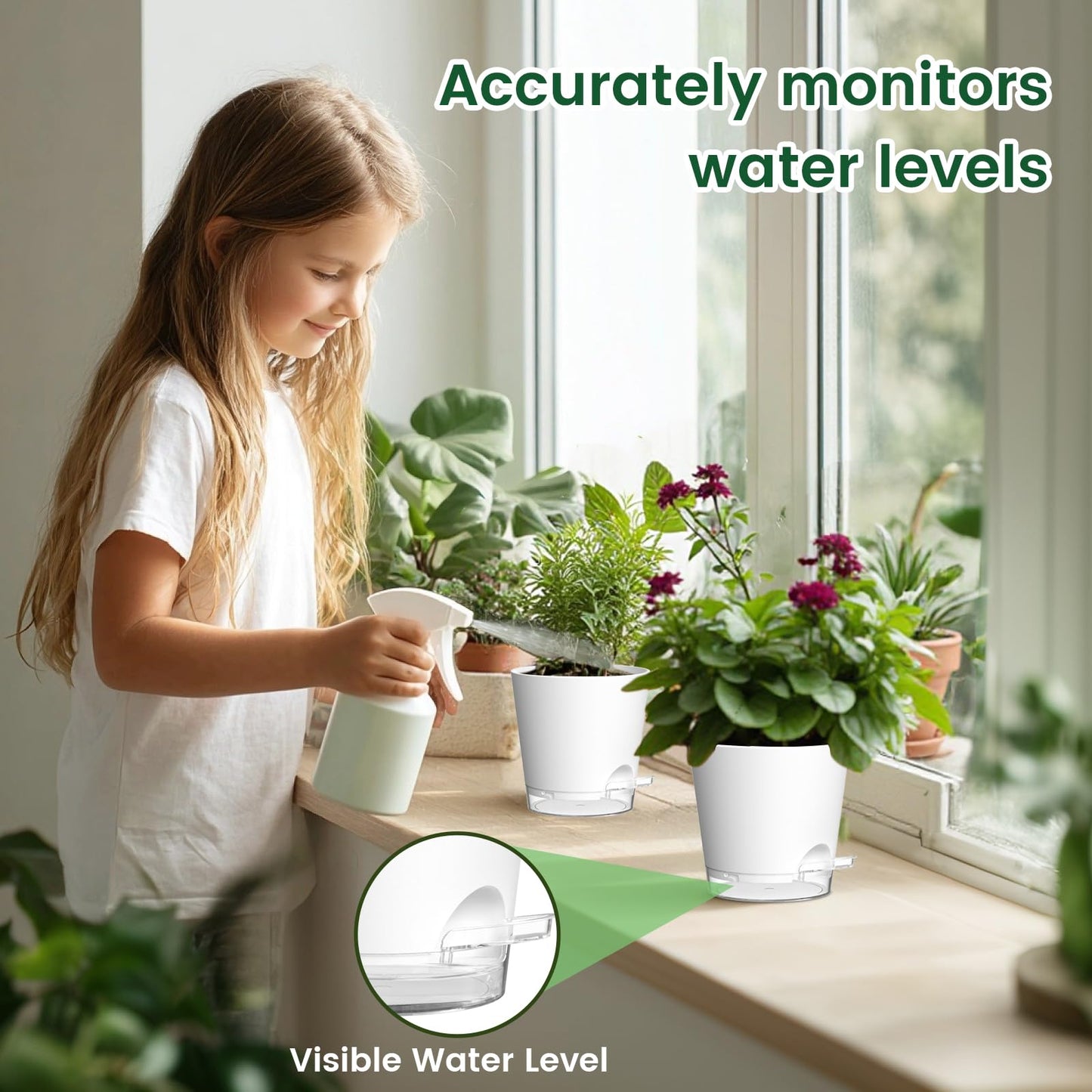 Meowell 6 inch Self Watering Pots for Indoor Outdoor Plants, 6 Pack Flower Plant Pots with Drainage Holes and Clear Reservoirs, Visible Water Level, Plastic Planters with Wicking Rope, White