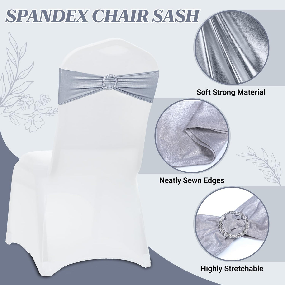MDS Spandex Foil Chair Sashes - Universal Fit Elastic Stretch Bands with Buckle for Weddings | Metallic Silver, Pack of 150