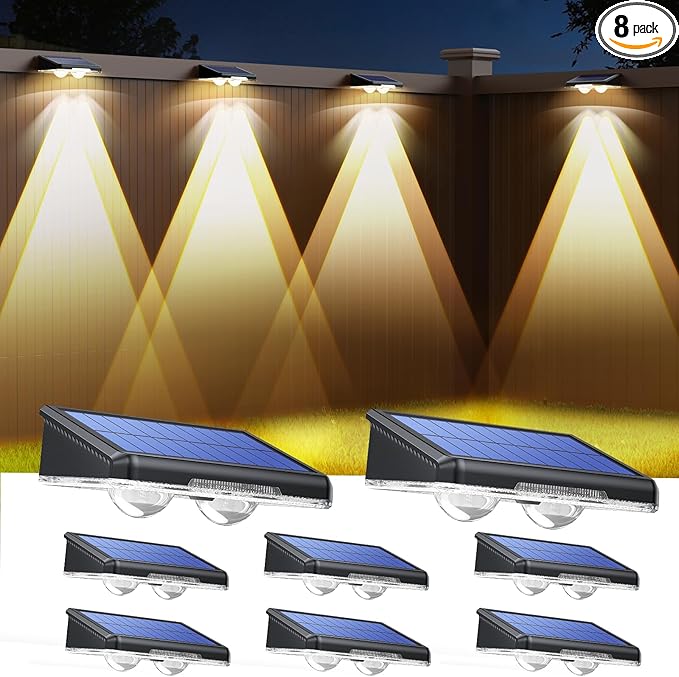 TECKNET Solar Fence Lights Outdoor 8 Pack, 3 Modes 3500K/4500K/6500K, IP66 Waterproof LED Deck Light, Dusk to Dawn Fence Lights Solar for Wall, Railing, Step, Patio, Pool, Backyard, Outside