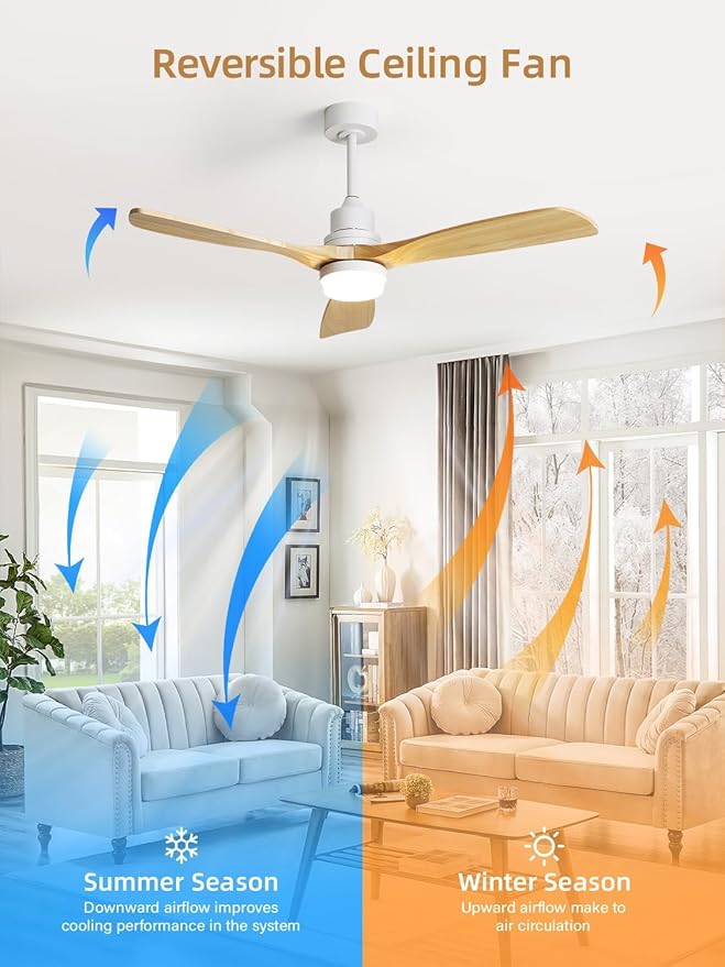 Sofucor 52 Inch Smart Ceiling Fans with Lights and Alexa/Google Assistant/APP/Remote Control-Modern Solid Wood Outdoor 3 Blades Ceiling Fan for Bedroom Living Room Indoor Farmhouse Patio, Natural Wood