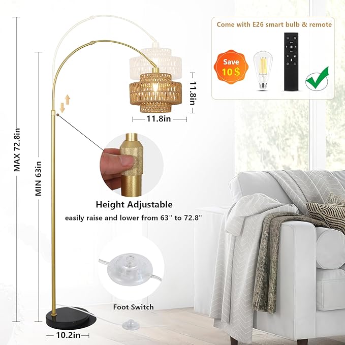 HMVPL Gold Floor Lamp for Living Room, Arched Floor Lamp with Remote, Boho Rattan Standing Lamp with Dimmable Blub, Mid Century Tall Lamp for Bedroom Reading Behind Couch Office (Height Adjustable)