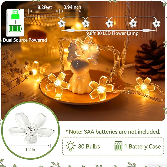Fairy Battery & USB Flower String Lights Girls Bedroom, 10ft 30 LED Decorative Cute Cherry Blossom Floral Lamp for Christmas, Birthday, Wedding Party, Centerpiece, Dorm Indoor Decoration (Warm White)