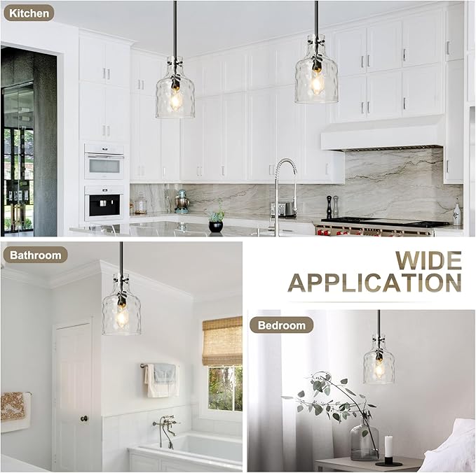 WILON Industrial Glass Pendant Lights for Kitchen Island, Modern Black Pandent Light Fixture 7" Hammered Glass Shade Farmhouse Pendant Lights Adjustable Rod Hanging Light for Kitchen Sink Dining Room