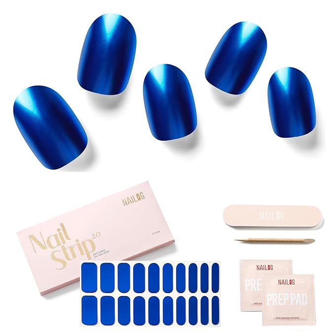 NAILOG Semi Cured Gel Nail Strips (20 Extra Long Stickers/Wraps) | Buy 2 Get 1 UV Lamp| Glossy & Long Lasting Soft Gel Finishing | Sapphire Blue