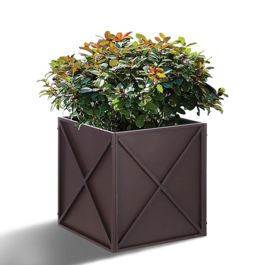 BAYN Metal Square Planter Box Tall Planters for Outdoor Plants Modern Heavy Duty with Drainage Holes for Outside Indoor Patio Deck - Brown, 17”x 17”x 18”