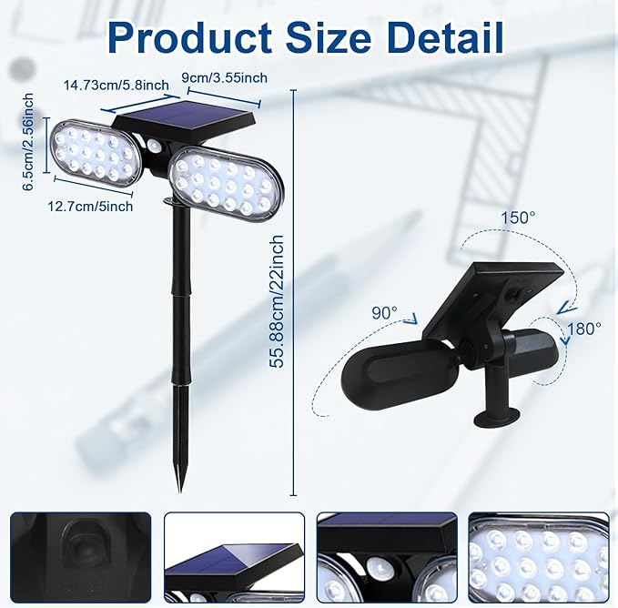 EMANER Motion Solar Lights Outdoor, Solar Floodlight, Stay On or Motion Sensor Mode, Dusk to Dawn Security Light, Landscape Spotlights for Garage Fence Driveway Solar Powered, 2-Pack