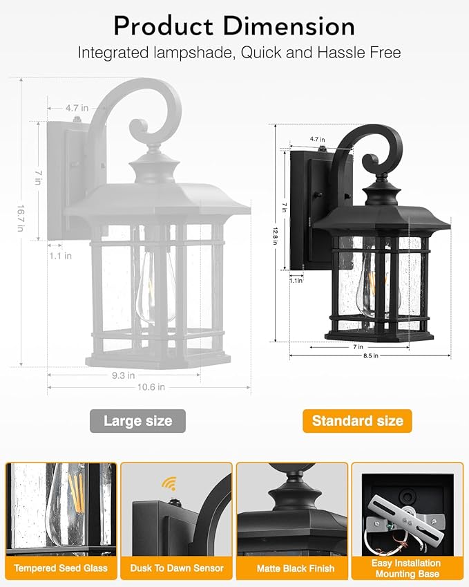 VIANIS Black Outdoor Lights for House, Dusk to Dawn Light Fixture, Waterproof Wall Lights, Porch Lights Outdoor for House, Garden, Garage, Entryway, Anti-Rust