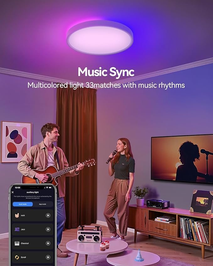 12 Inch Smart Ceiling Light, RGB+IC LED Flush Mount Light Fixture, 2400LM Dimmable, APP & Remote Control, 2700K-6500K DIY Color Ceiling Light for Bedroom Living Room, Works with Alexa & Google Home