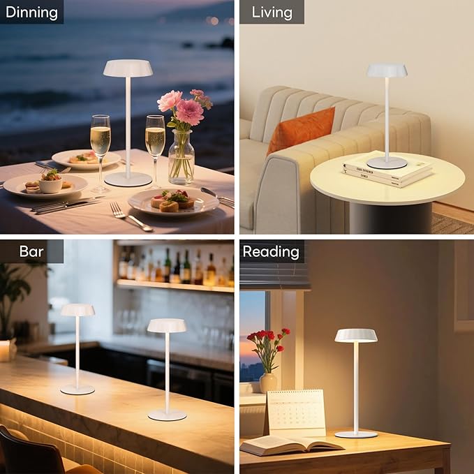 EppieBasic Cordless Table Lamp Rechargeable: Portable & Minimalist Design - 2700K Warm Light Metal Lamps for Living Room, Dining, Corner Table - White