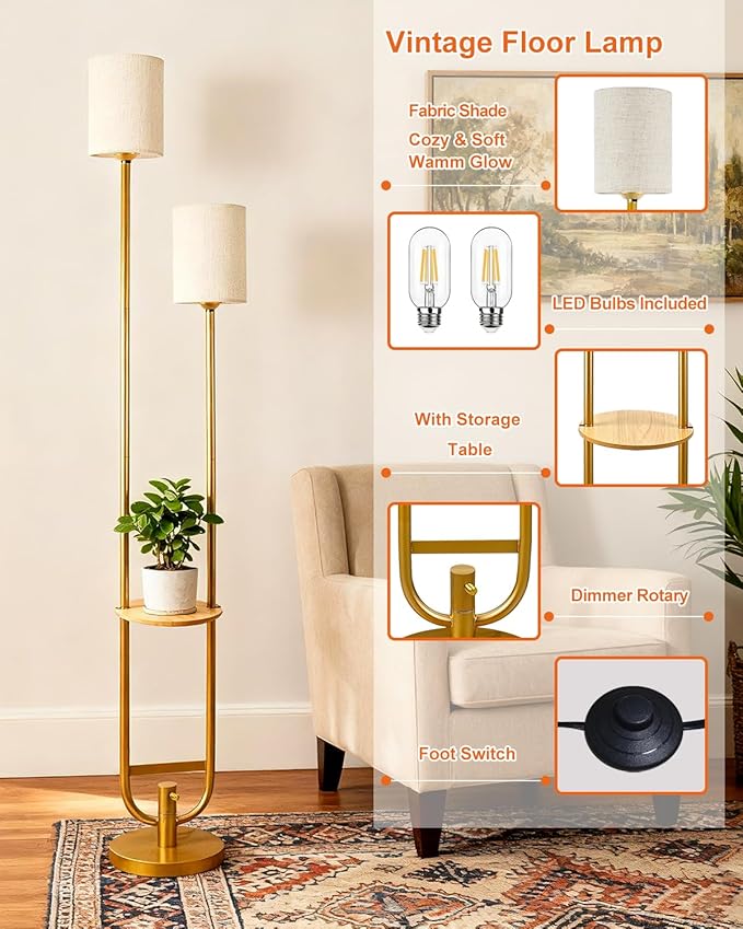 Lightdot 63Inch Floor Lamp with Table Dimmable Gold Floor Lamp for Living Room 2-Light Mid Century Modern Tall Standing Lamp with Fabric Shade for Bedroom/Sofa Beside/Corner Decor(Bulbs Included)
