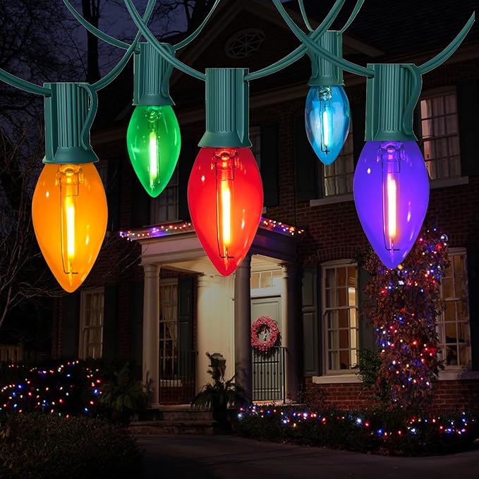 10FT C7 Christmas Lights, Multicolor LED Indoor String Lights with 10 Vintage Bulbs, for Xmas Tree, Window, Party Backdrop, Plug in with Green Wire