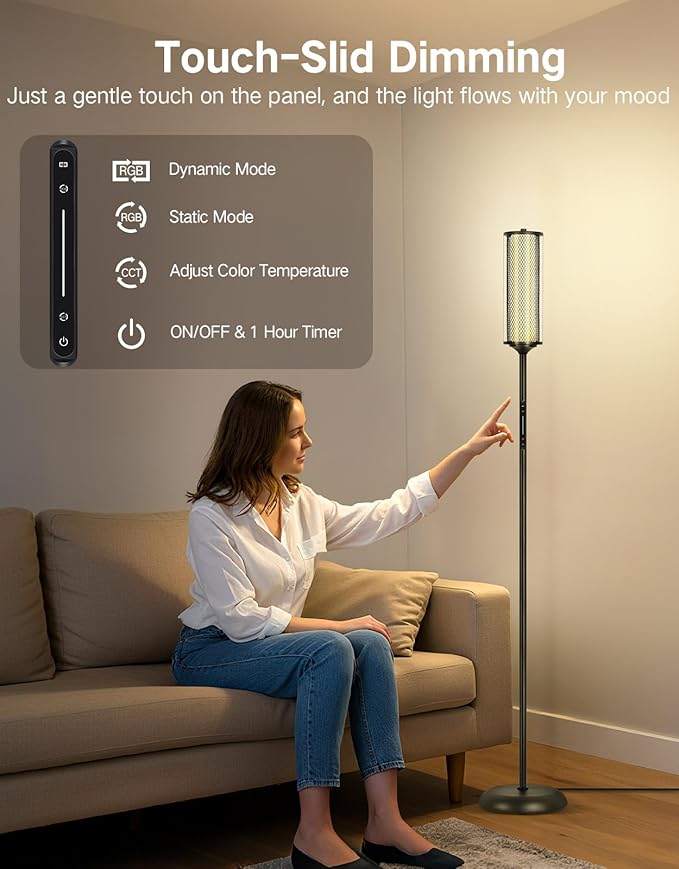 OUTON Corner Floor Lamp with Remote, Touch & App Control, RGB Color Changing Standing Lamp with 32 Modes, 360 Lighting, 3 Color Temperatures, Dimmable 66 in Tall Lamp for Living Room,Black & Glass