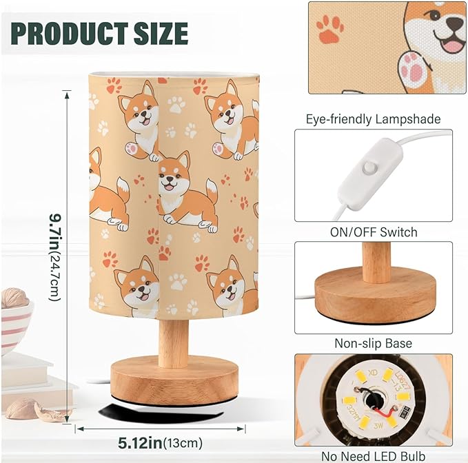 Fustylead Cute Happy Shiba Inu and Paw Prints Bedside Table Lamps with USB Port for Bedroom Lamp Accent Table Lamp Small Nightstand Lamp Linen Shade Decorative Lamps for Kids|Reading|Dome|Home