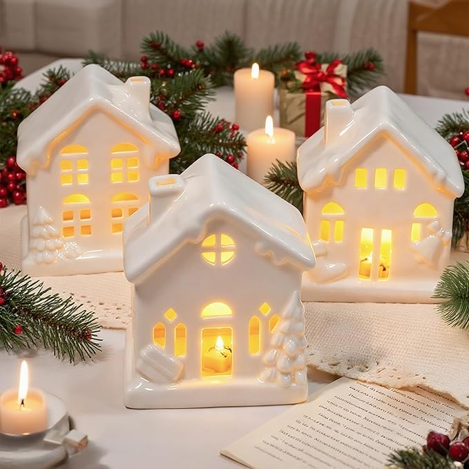 NEROSUN Ceramic Christmas Village Houses, 3Pcs LED Lighted Porcelain White Small House Tabletop Figurines, Light Up Christmas Decorations for Home Shelf Cabinet Table Winter Decor