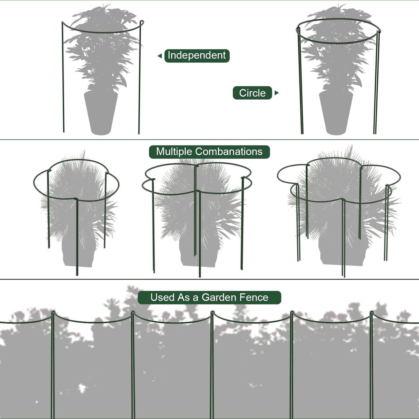 FEED GARDEN 8 Pack Plant Support Stakes, Peony Cages and Supports, Metal Garden Plant Stake(10" Wide x 24" High) Green Half Round Plant Support Rings for Outdoor Indoor Plants, Tomato, Hydrangea