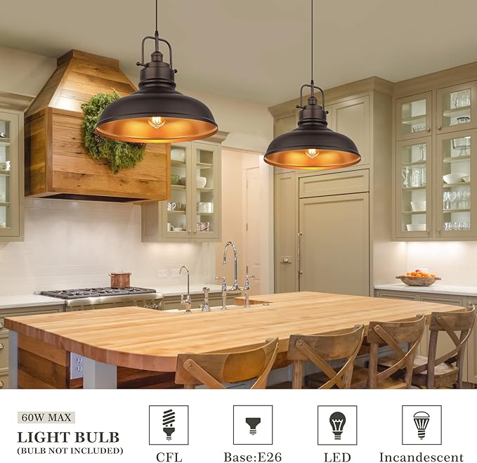 zeyu 17.7 Inch Farmhouse Pendant Light for Kitchen Island, Large Ceiling Hanging Light with Metal Dome Shade, Oil Rubbed Bronze Finish, 016-1M ORB