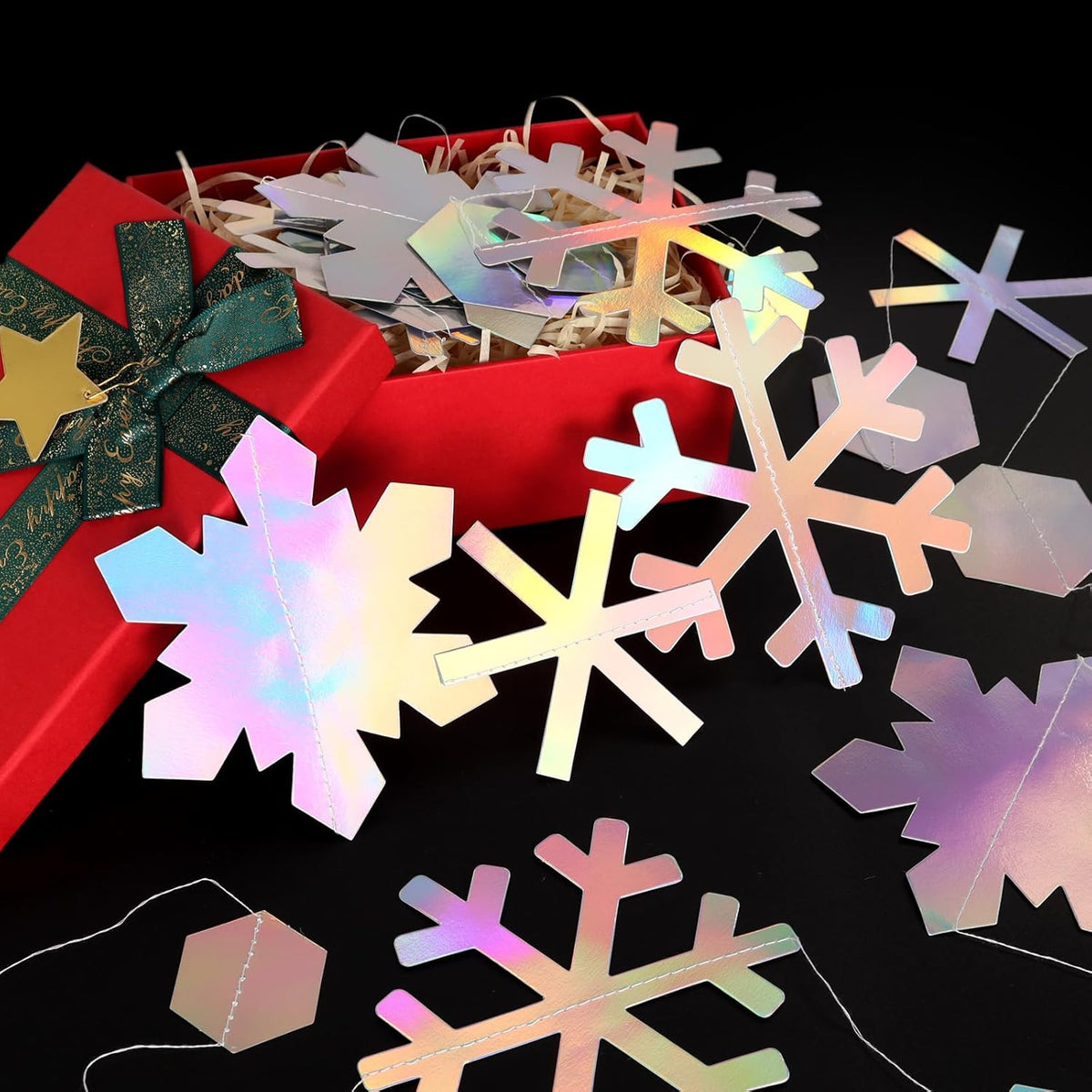 Skiennix 52 Ft Snowflake Garland Decorations - Holographic Twinkle Hanging Streamer for Events