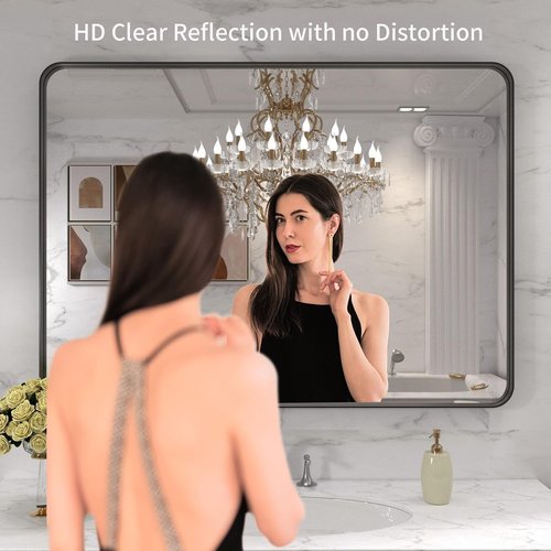 LOAAO Black Metal Framed Bathroom Mirror - 40x32 Inch Rounded Rectangle Design, Anti-Rust Tempered Glass