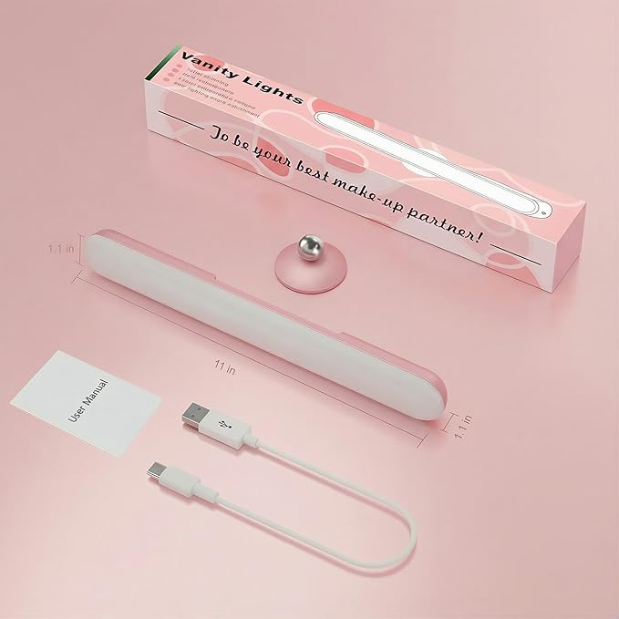 Wireless Vanity Lights for Mirror, Rechargeable Battery Operated Stick on Lamp, Adjustable Makeup Light, Cordless Magnetic LED Bar Renter Friendly Lighting Decor Gift, Pink