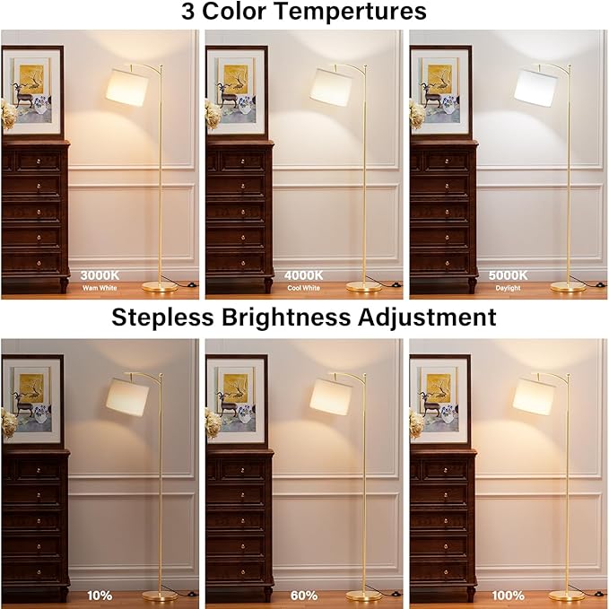 Ambimall 60" Floor Lamps with Remote Control & Bulb, Colors Temperature & Brightness Adjustable, White Shade & Gold Pole