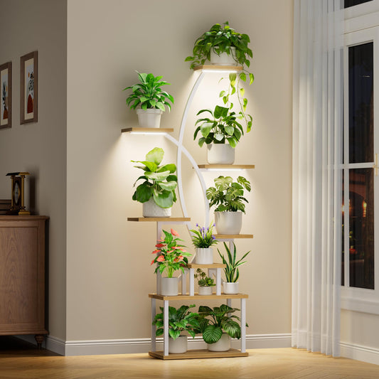 Plant Stand Indoor with Grow Lights, 8 Tiered Tall Plant Shelf for Indoor Plants Multiple, 65" Large Corner Shelves Metal Curved Flower Holder Display Rack for Living Room Patio Balcony, White