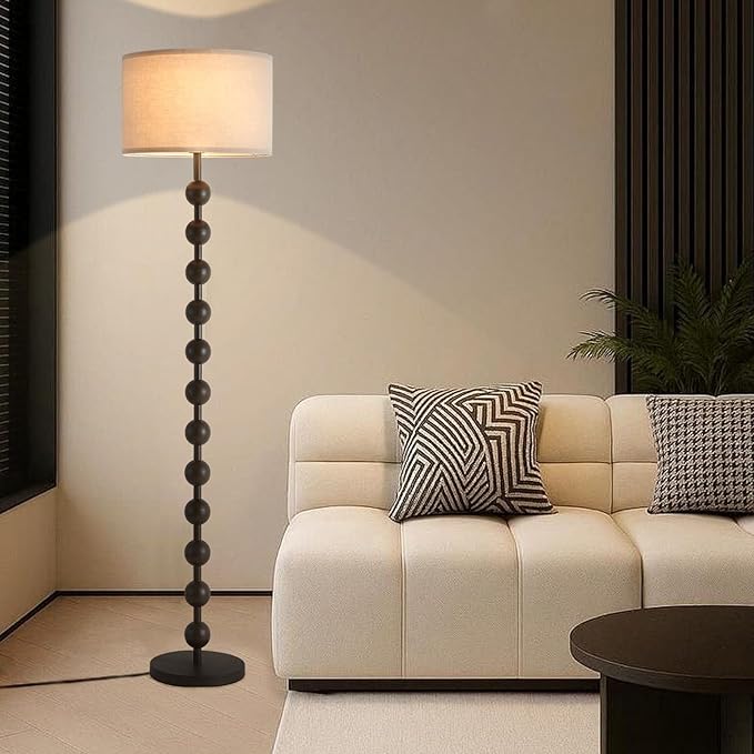 Modern Dimmable Floor Lamp with Remote Control for Living Room Bedroom, Dark Brown Wood Pattern Tall Standing Lamp Light for Home Office Dining Room with Fabric Shade