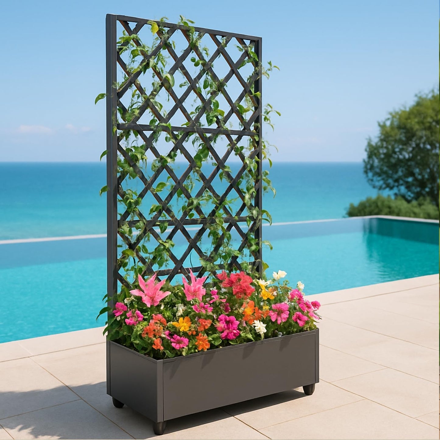 GAOMON Metal Planter Box with Diamond Lattice Trellis & Wheels, Raised Garden Bed w/Privacy Screen & Drainage Hole for Climbing Plants, Flower & Vine (72 in x35 in Black)