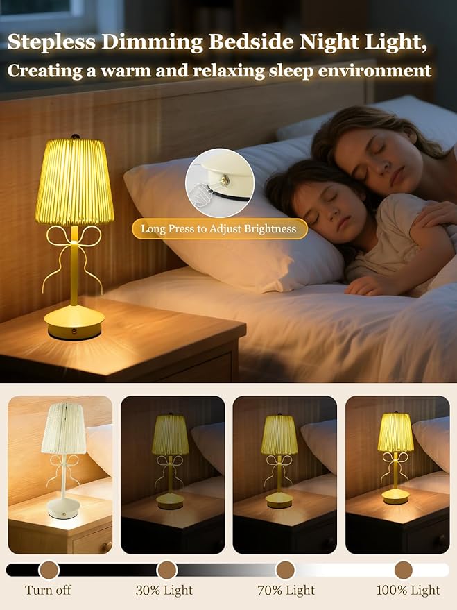 Boho Bow Rattan Table Lamp, Cordless Wicker Woven Vintage Table Lamp - LED Rechargeable Touch Control 3 Color Dimmable Reading Bedside Lamp for Bedroom Living Room Office, Home Outdoor Decor