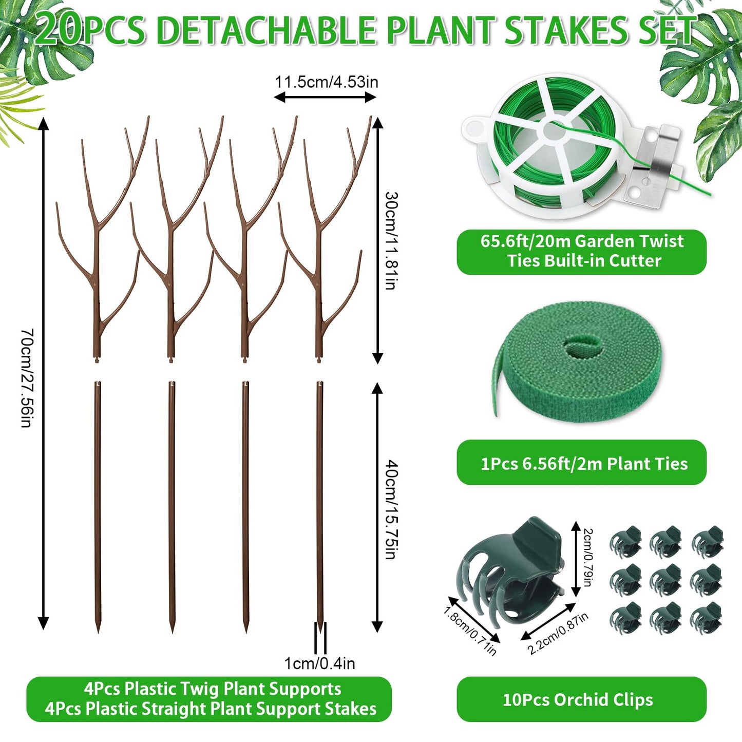 ROADPLUM 4 Pack 27.56" Detachable Twig Plant Support Stakes Set, Blends in to Plant, Branch Plant Sticks with Orchid Clips Twist Plant Ties, Twig Trellis for Indoor Outdoor Plants Potted Plants Flower