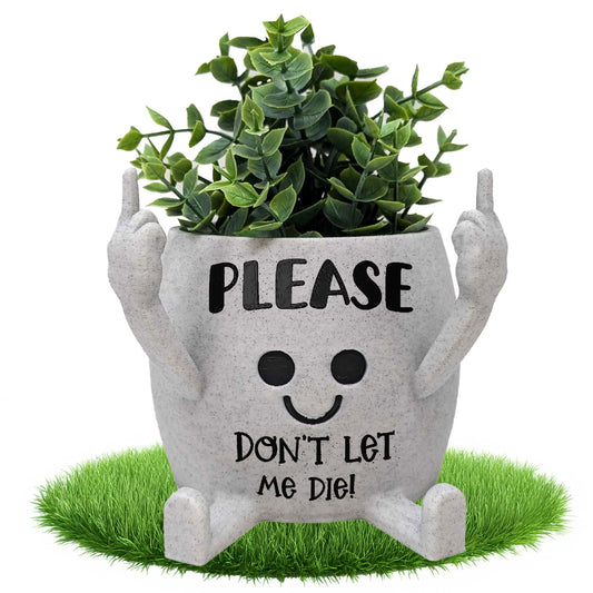 Funny Face Head Planter Pot, Unique Small Succulent Flower Pot, Cute Cactus Planter, Indoor Outdoor Home Decor, Office Desk Plant Pot, Novelty Gardening Gift Set (Please Don't Die, Medium)