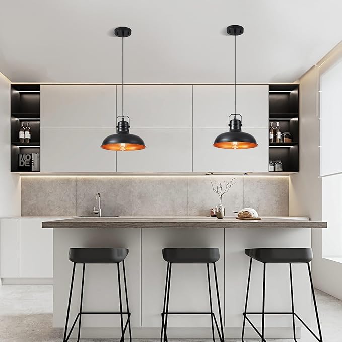 Industrial Pendant Light, 10.5 Inch Farmhouse Small Black and Gold Chandelier, Vintage Hanging Light Fixture with 71'' Height Adjustable Cord for Kitchen Island, Dining Room, Bedroom - 2 Pack