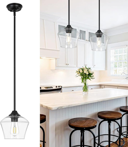 1-Pendant Lights Kitchen Island, Hand Blown Glass Pendant Light Fixtures, Metal Light Fixtures Rod Ceiling Ceiling Lighting for Kitchen Island Dining Room Bar