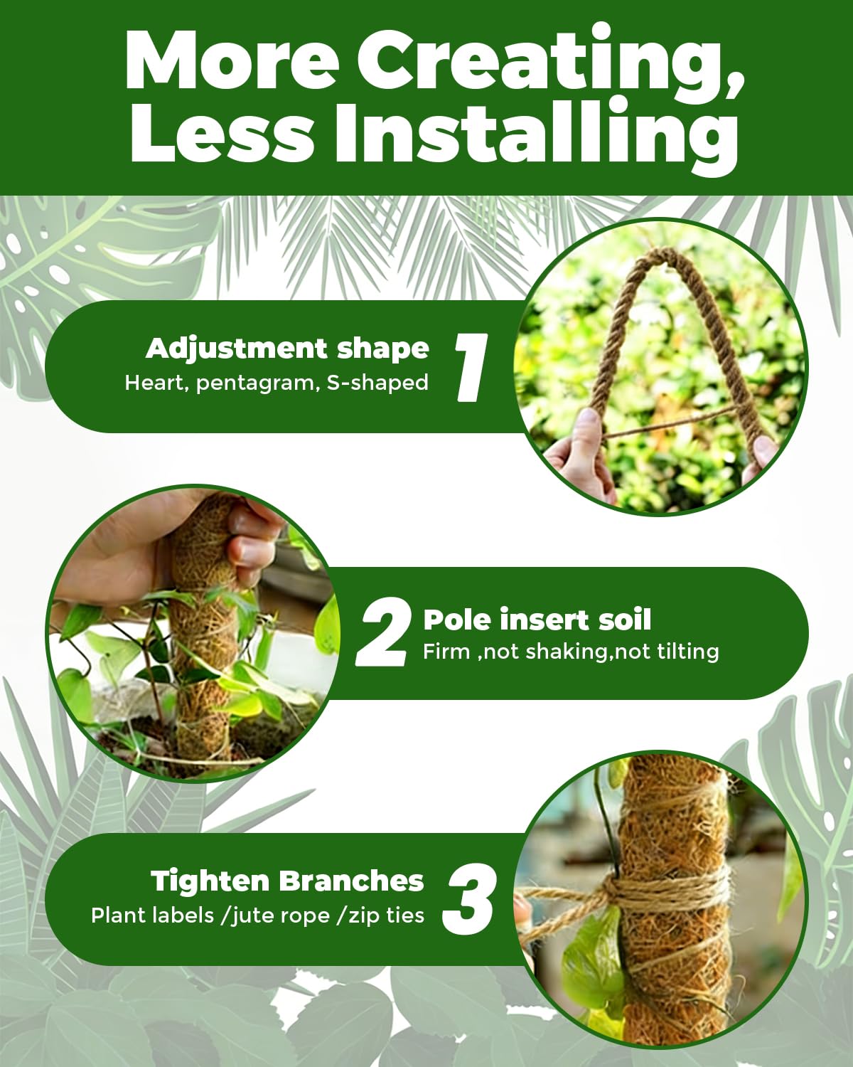 DKP 6 Pack Tall Moss Pole & Monstera Plant Support: Includes (3) 28in & (3) 48in Coco Coir Poles + 3-Piece Iron Gardening Tools for Creeper Plant Support, Pothos, Indoor Climbing Plants