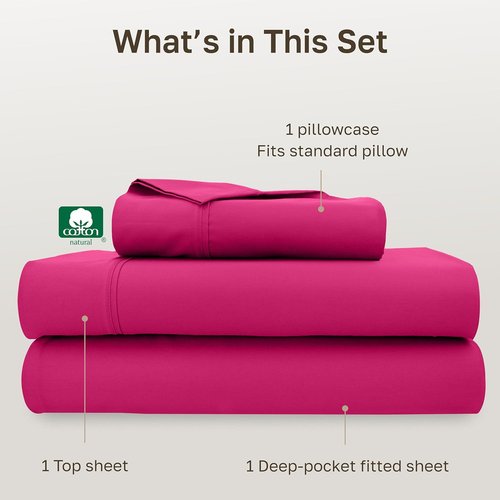 California Design Den Twin Bed Sheet Set - 100% Cotton, 400 Thread Count, Silky Sateen - Hot Pink